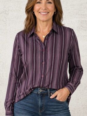 NWT!Essentials by Maggie Purple Striped Button Long Sleeve Pocket Shirt SZ 30/32